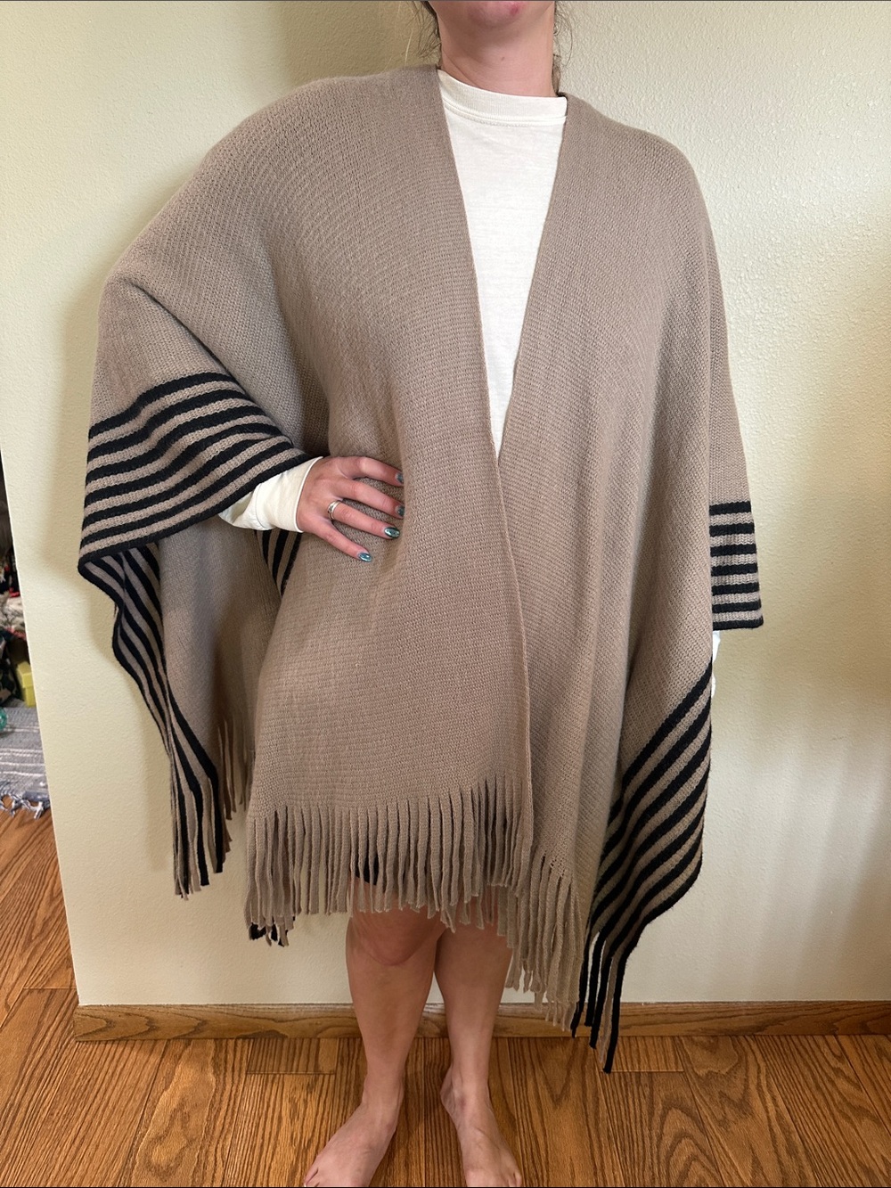 Taupe Fringe Poncho Sweater with Black Stripe Detail